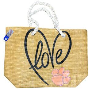 Clemson Tiger Paw Love Oversized Jute Straw Tote Bag Rope Handles NWT